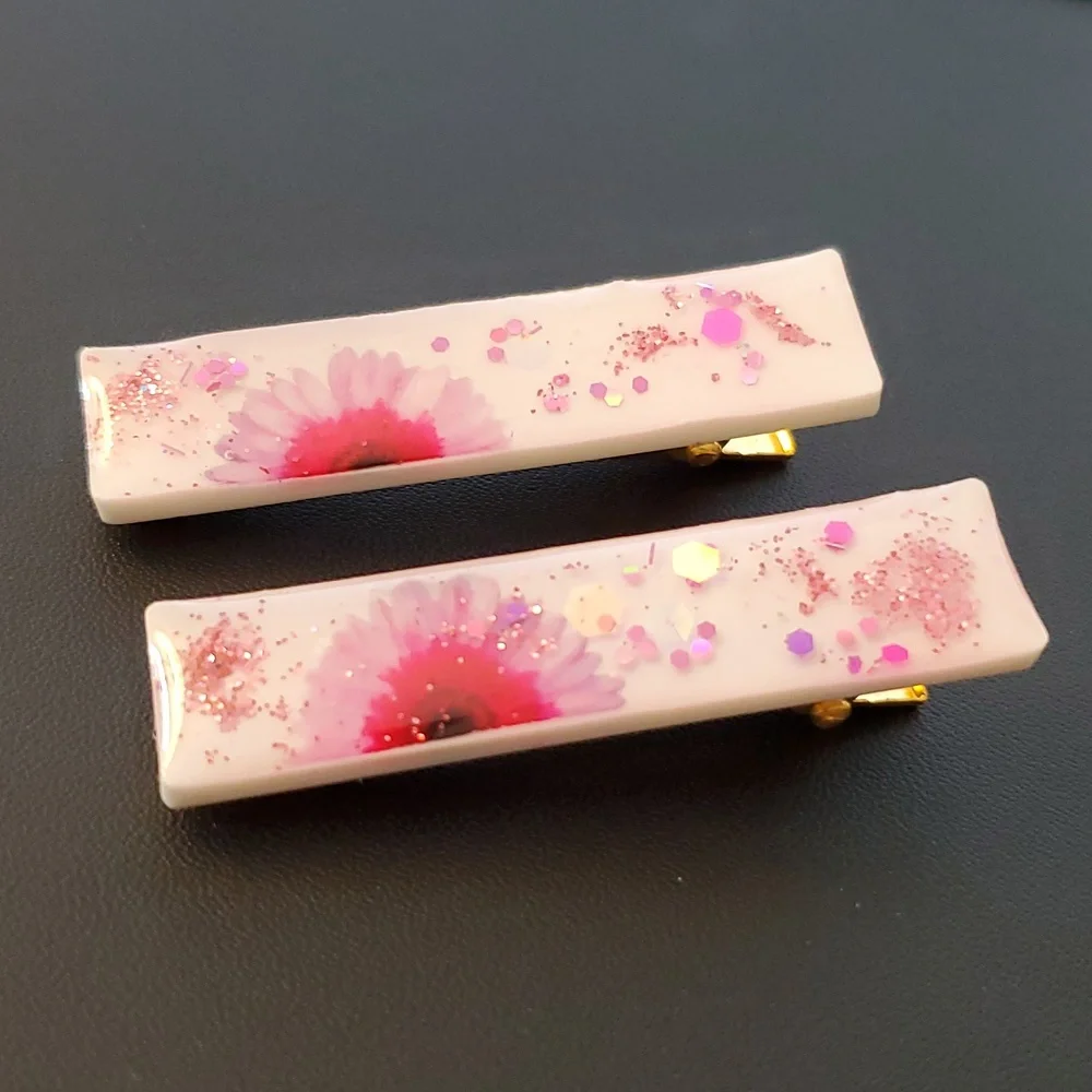 🎁5/$25🎁Hand-made HandCrafted Glitter Floral Vibes Resin Hairclip Barrettes New
